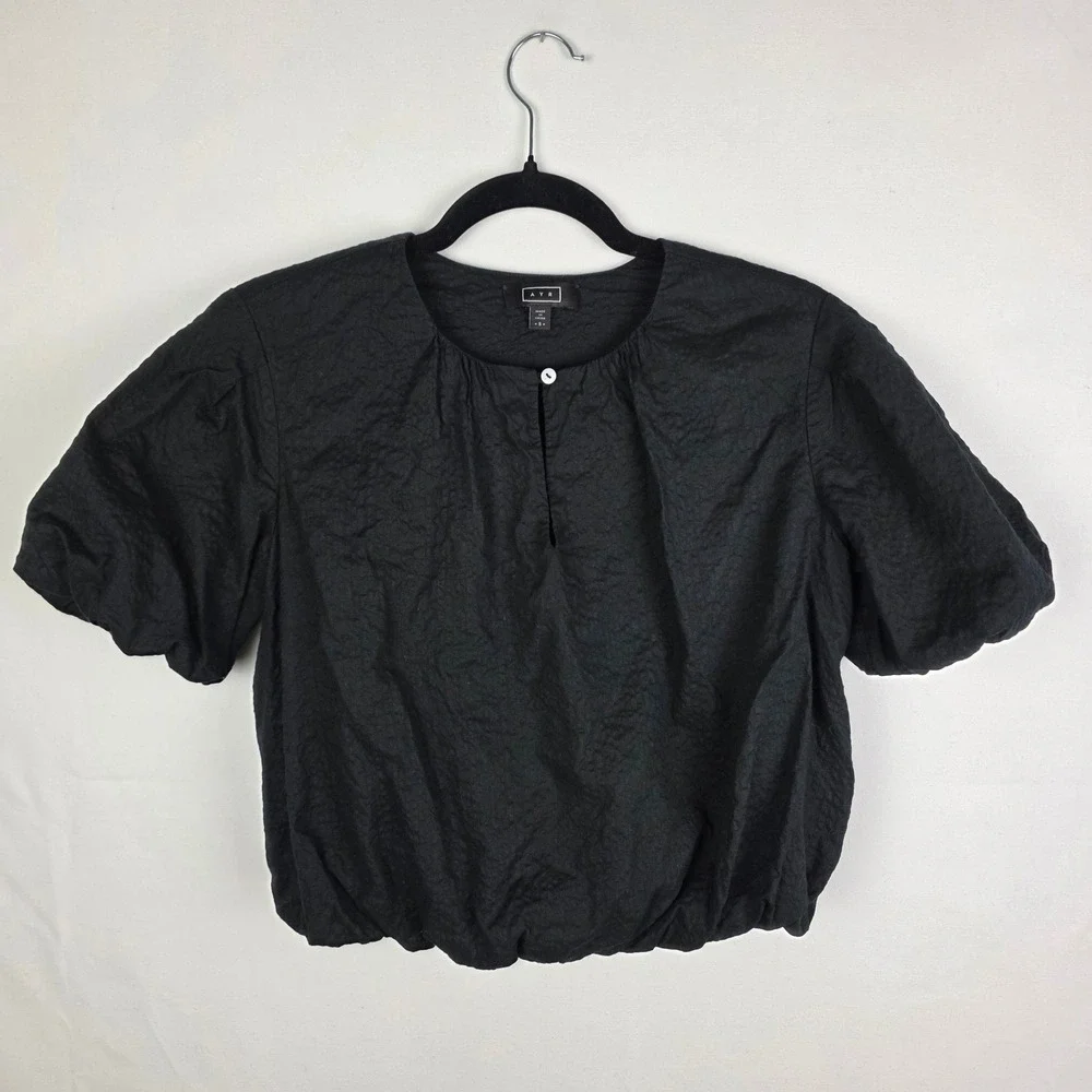 AYR The Puffy Top Black Textured Cotton Puff Sleeve Bubble Hem Crop Blouse Small - Picture 2 of 7